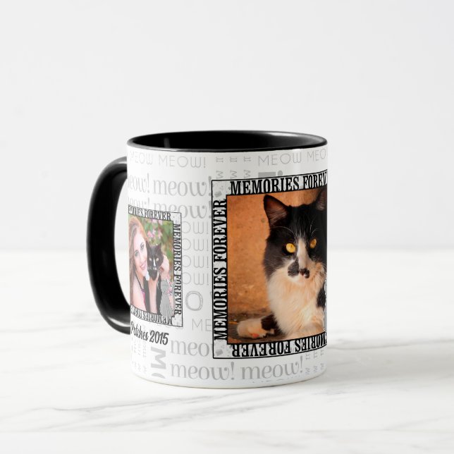 Memorial 3-Foto Verlust einer Katze Meow Word Art Tasse (Vorderseite Links)