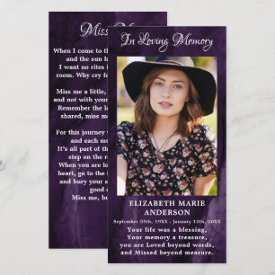 Memorial Beileid Foto Beerdigung Gebetskarte Lila