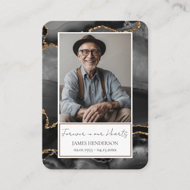 Memorial Black Gold Stone Foto Beerdigung Keepake Visitenkarte (Vorderseite)