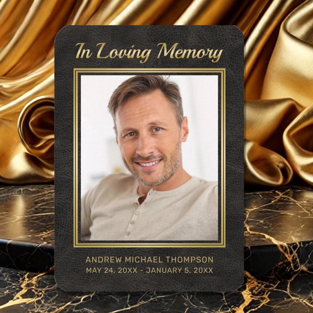 Memorial Black Leather Gold Foto Beerdigungskarte Visitenkarte (In Loving Memory Black and Gold Faux Leather Photo Funeral Card)