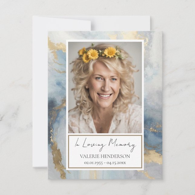 Memorial Blue and Gold Photo Funeral Keepsake Invi Einladung (Vorderseite)