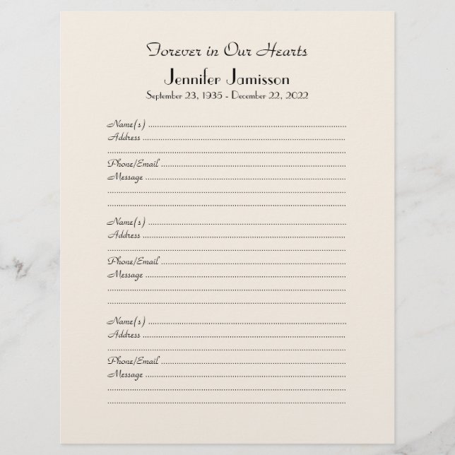 Memorial Book Binder Filler Page, Off White (Vorderseite)