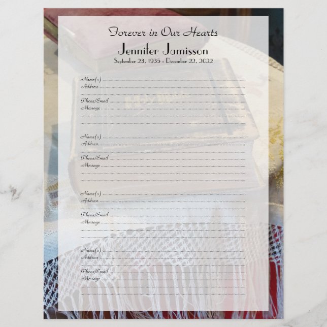 Memorial Book Filler Anmeldung Seite Vintage Bibel (Vorderseite)