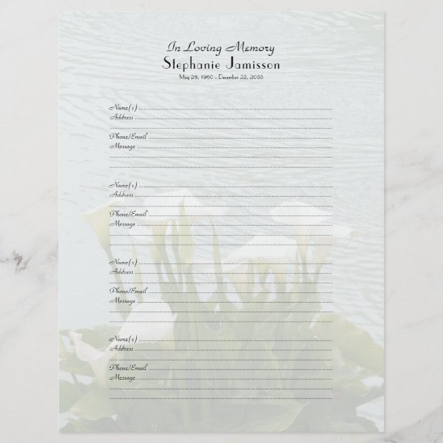 Memorial Book Filler Sign-In Page Calla Lilies Briefbogen (Vorderseite)