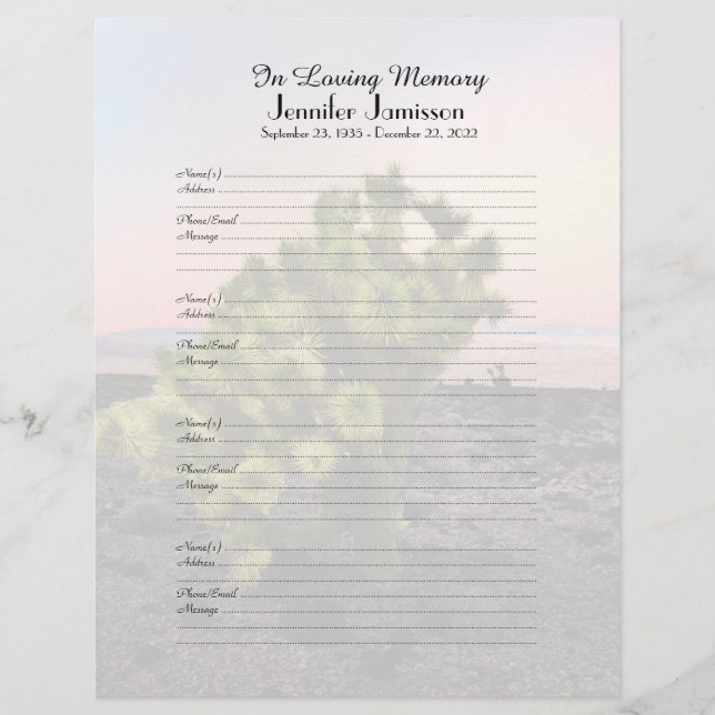 Memorial Book Filler Sign-In Seite Joshua Tree (Vorderseite)