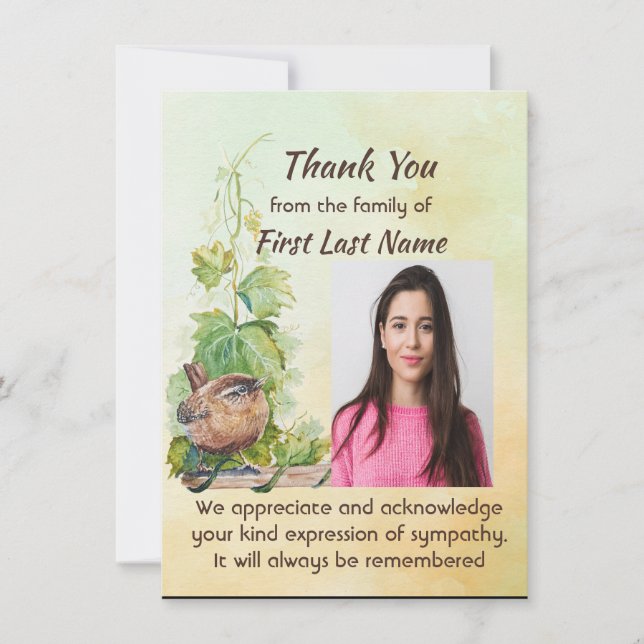 Memorial Custom Cute Wren Bird Thank you Dankeskarte (Vorderseite)