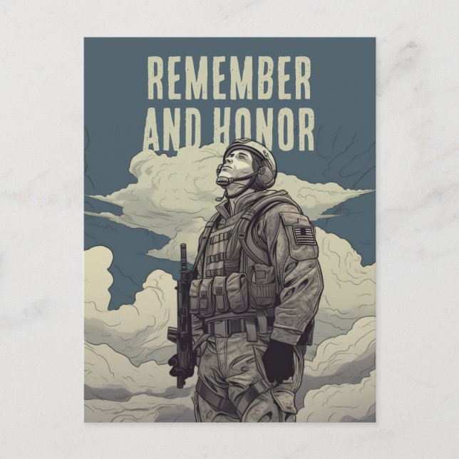 Memorial Day Soldier Clouds Remember and Honor Postkarte (Vorderseite)