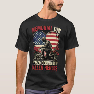 Memorial Day Soldier Kneeling Heart Flag Remembran T-Shirt