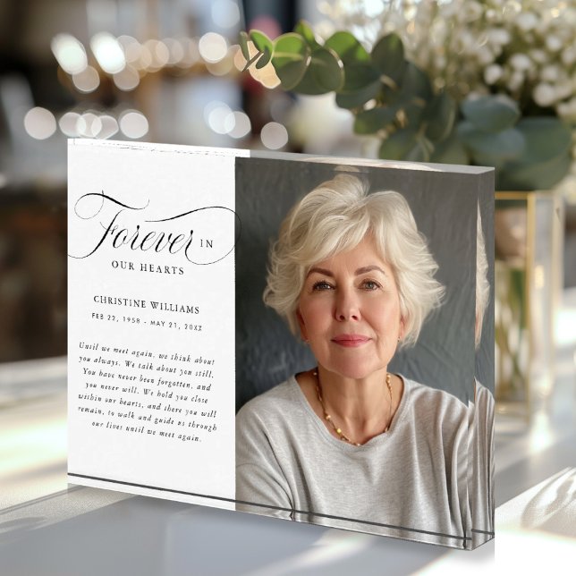 Memorial "Forever in our Hearts", Name, Foto ("Forever in our Hearts" Memorial, Name, Photo, Photo Block. Simple, elegant, script font.)