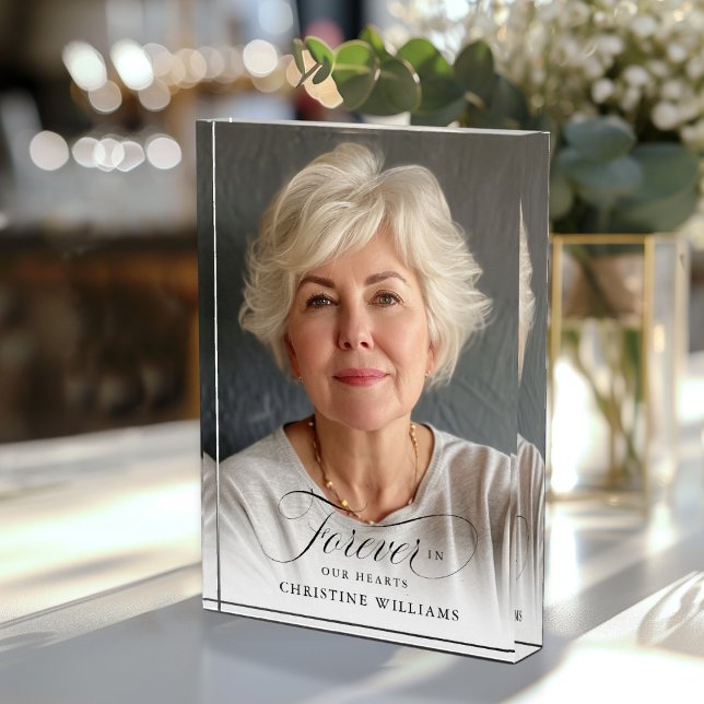 Memorial "Forever in our Hearts", Name, Foto ("Forever in our Hearts"  In loving, memory, Photo Block. Modern, elegant, script font, photo block.)