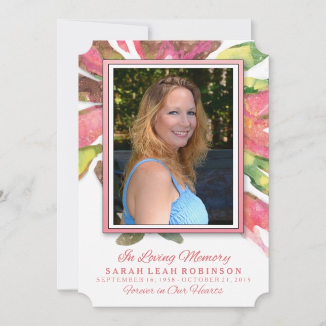 Memorial Foto Danke - Pink Watercolor Splash Einladung (Vorderseite)