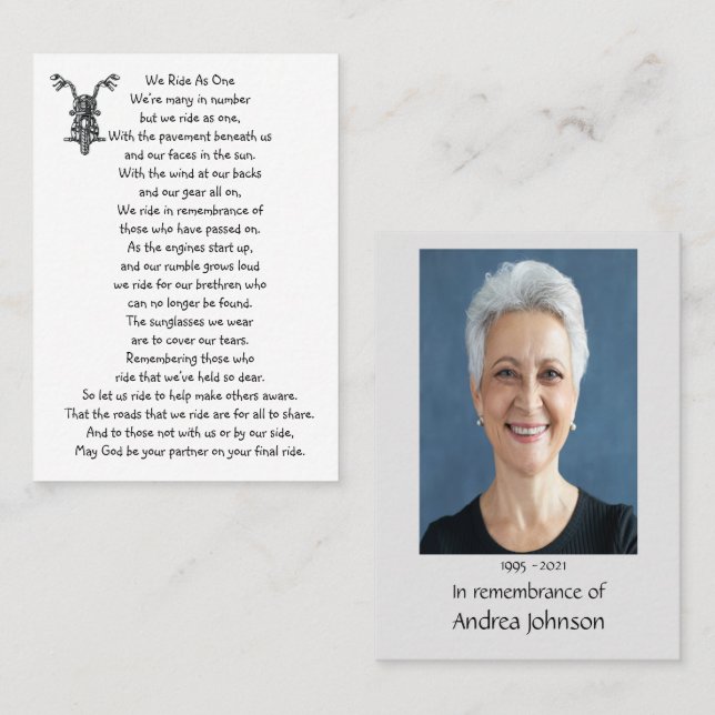Memorial Foto Gebet Motorrad Biker Visitenkarte (Vorne/Hinten)