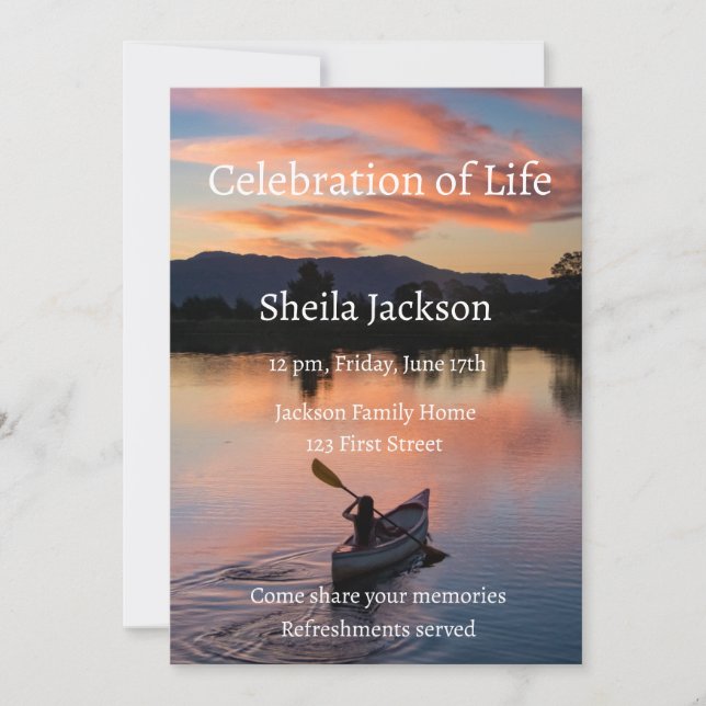 Memorial Foto Kanu Kanufahren Paddling Lake Sunset Einladung (Vorderseite)