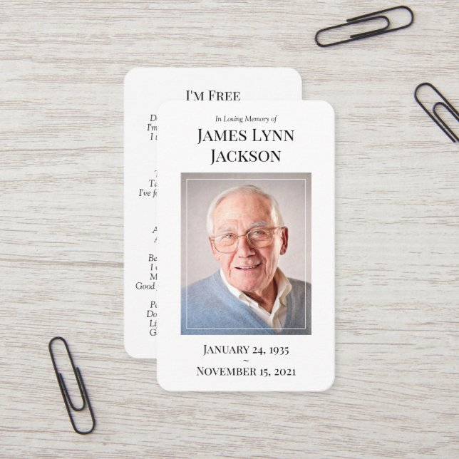 Memorial Foto Prayer Card - Ich bin kostenlos Visitenkarte (Vorderseite/Rückseite Beispiel)