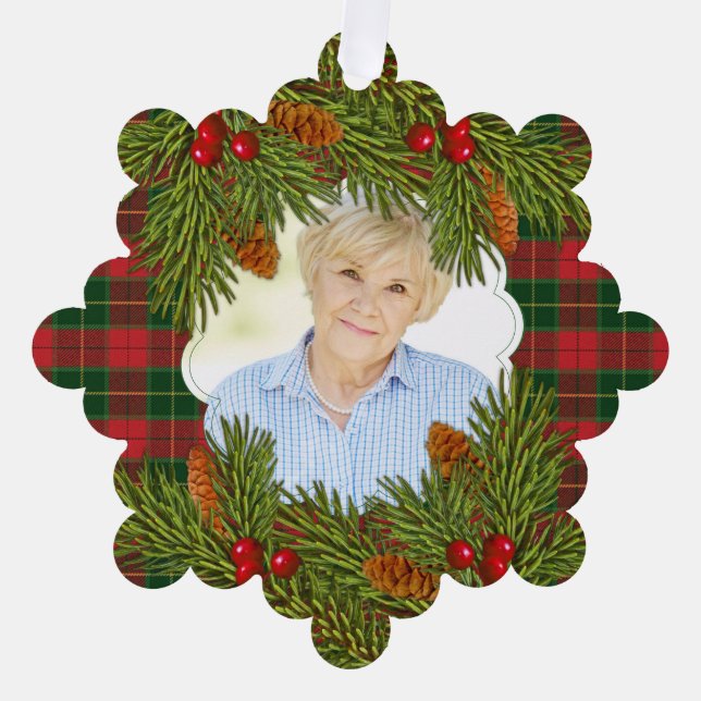 Memorial Foto Tartan Kariert Pine Boughs Weihnacht Ornament Karte (Vorderseite)