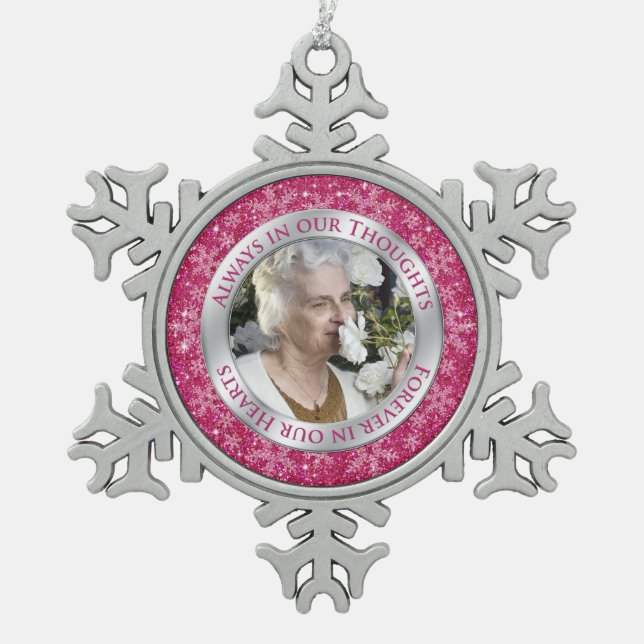 Memorial Foto Weihnachten Rosa Silber Schneeflocken Zinn-Ornament (Vorderseite)
