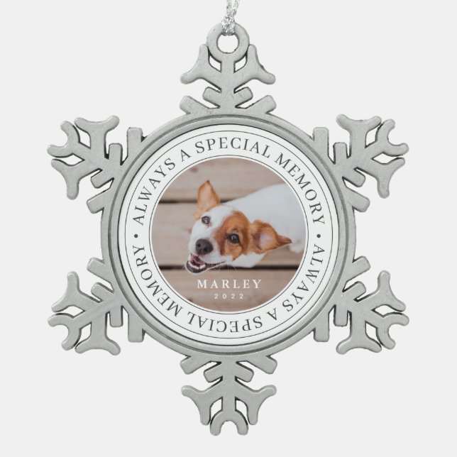 Memorial für Haustiere immer ein besonderes Gedäch Schneeflocken Zinn-Ornament (Vorderseite)