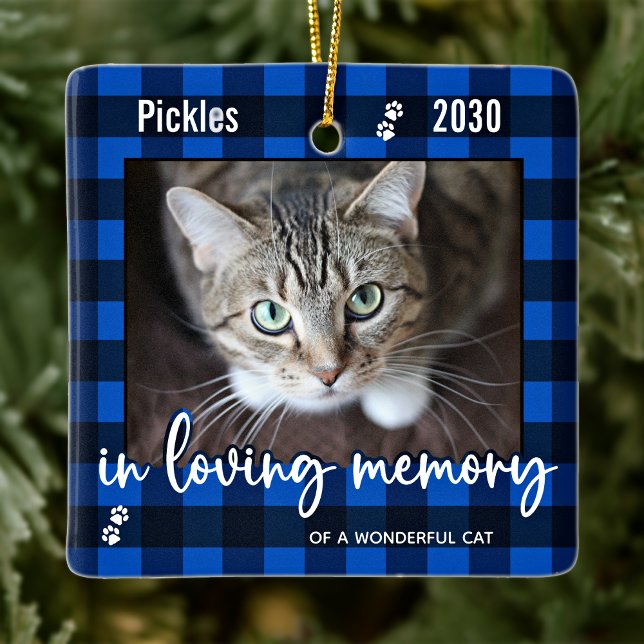 Memorial für Katzen Blau Kariert in Love Memory Fo Keramikornament (Von Creator hochgeladen)