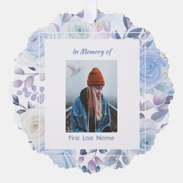 Memorial Keepake Hummingbird Blue Rose Ornament Karte (Vorderseite)