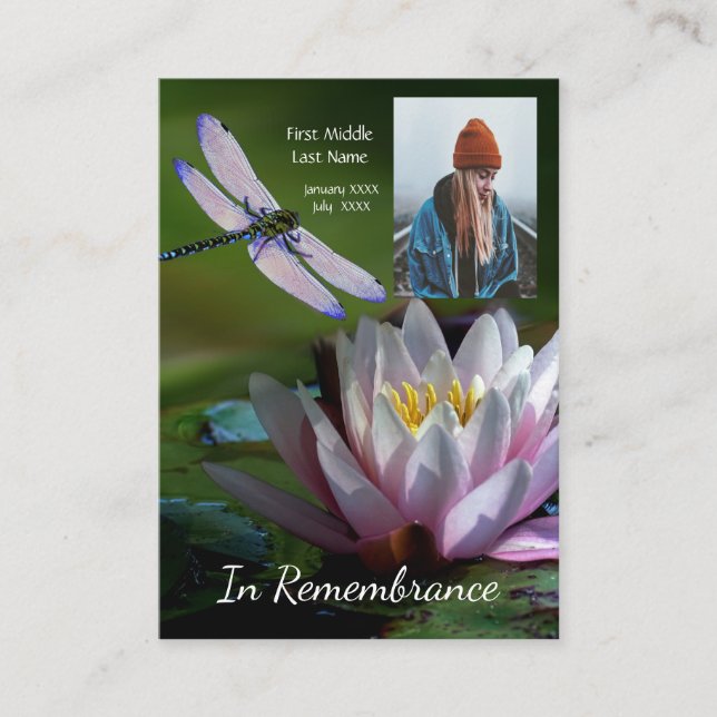 Memorial Keepake Memorial Dragonfly Lotus Blume Visitenkarte (Vorderseite)