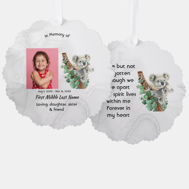  Memorial Keepsake Cute Koala Children Ornament Karte (Vorderseite/Rückseite)