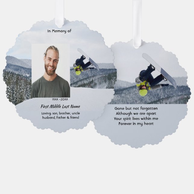Memorial Keepsake Snowboarding Winter Ornament Karte (Vorderseite/Rückseite)