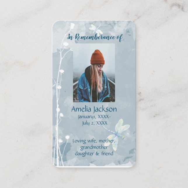 Memorial Memory Card Dragonfly White Flower Visitenkarte (Vorderseite)