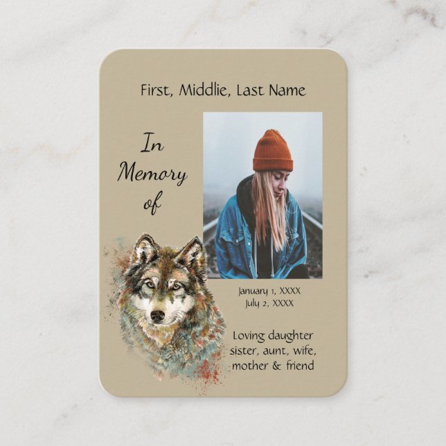 Memorial Memory Card Wasserfarben Wolf Tiere Visitenkarte (Vorderseite)