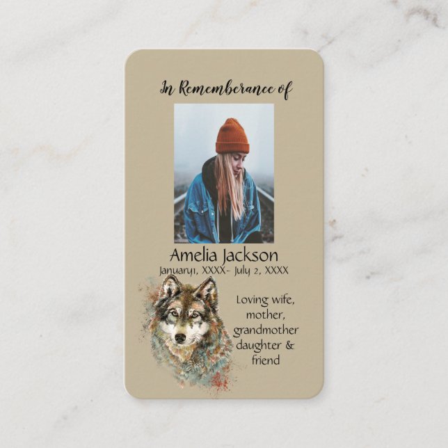 Memorial Memory Card Wasserfarben Wolf Tiere Visitenkarte (Vorderseite)
