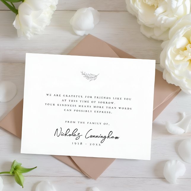 Memorial Modern Simple Elegant Black & White Leaf Dankeskarte (Von Creator hochgeladen)