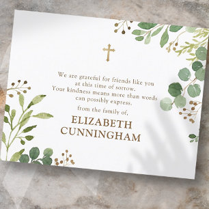 Memorial Modern Watercolor Foliage Gold Cross Dankeskarte