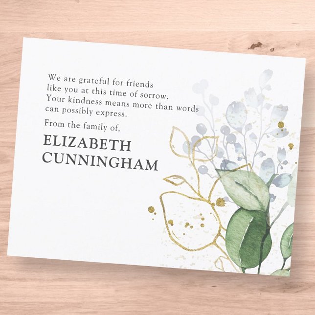Memorial Modern Watercolor Grünfoliage Dankeskarte (Von Creator hochgeladen)