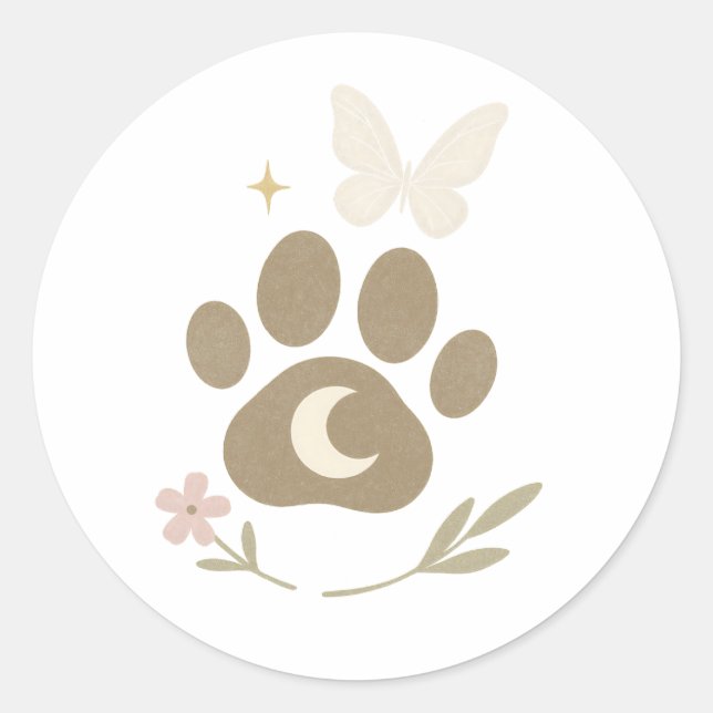 Memorial Paw mit Mond & Butterfly - Beileid Runder Aufkleber (Vorderseite)