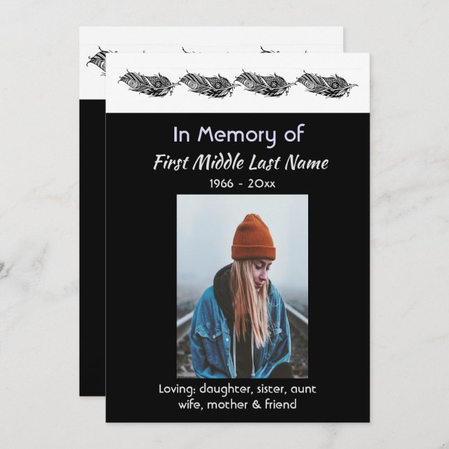 Memorial Photo Invite Graphic Art Feather Tribal Einladung (Vorne/Hinten)