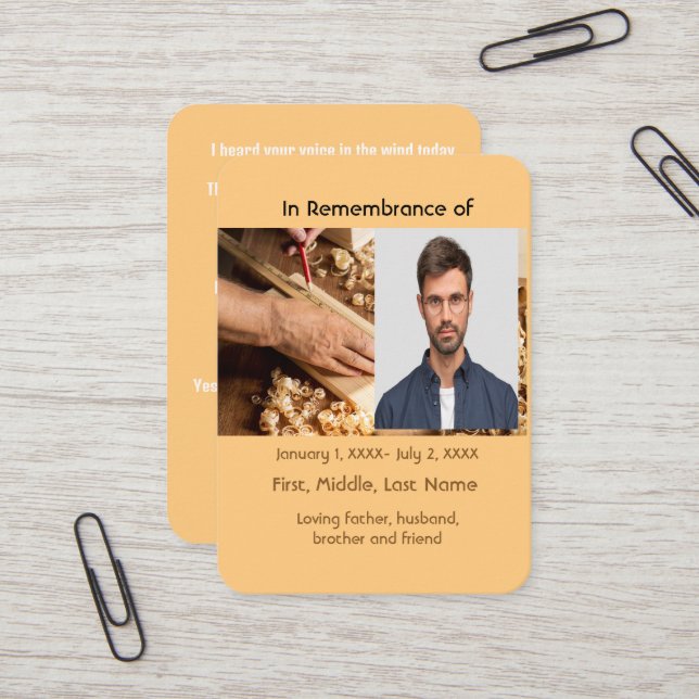Memorial Pocket Card Holzbearbeitungsplatz Visitenkarte (Vorderseite/Rückseite Beispiel)