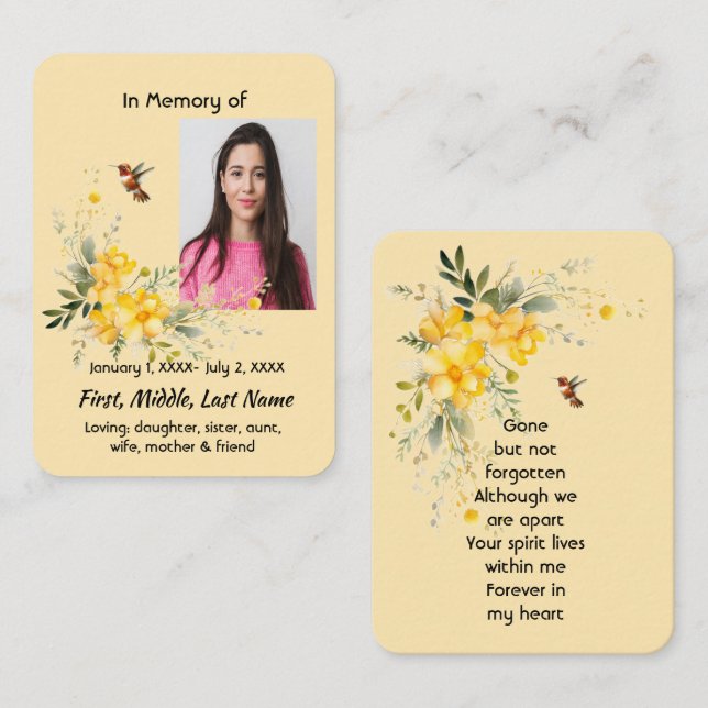 Memorial Pocket Card Hummingbird Yellow Roses Visitenkarte (Vorne/Hinten)