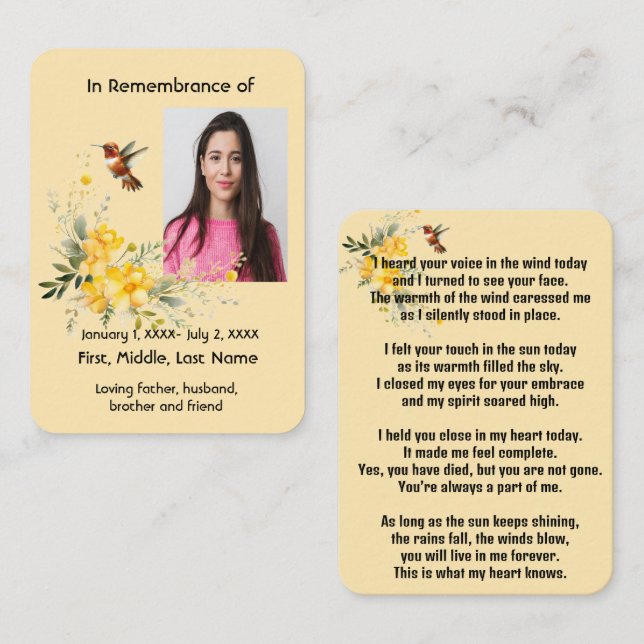 Memorial Pocket Card Hummingbird Yellow Roses Visitenkarte (Vorne/Hinten)