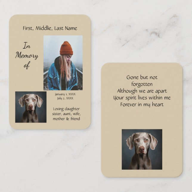 Memorial Pocket Keepake Weimaraner Hund Visitenkarte (Vorne/Hinten)