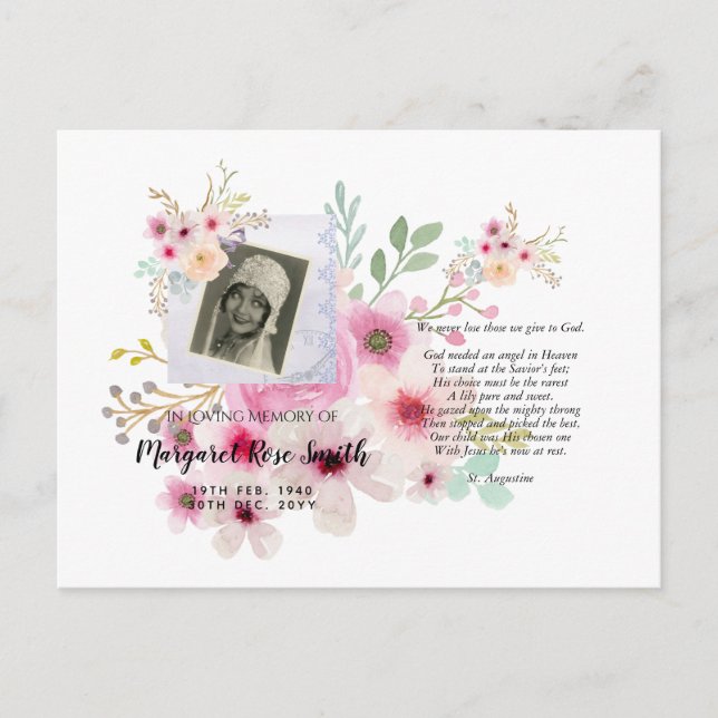 Memorial Postcard mit FOTO Verse Blume Postkarte (Vorderseite)