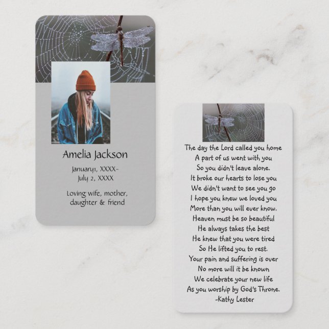 Memorial Prayer Card Dragonfly Dewdrops Visitenkarte (Vorne/Hinten)