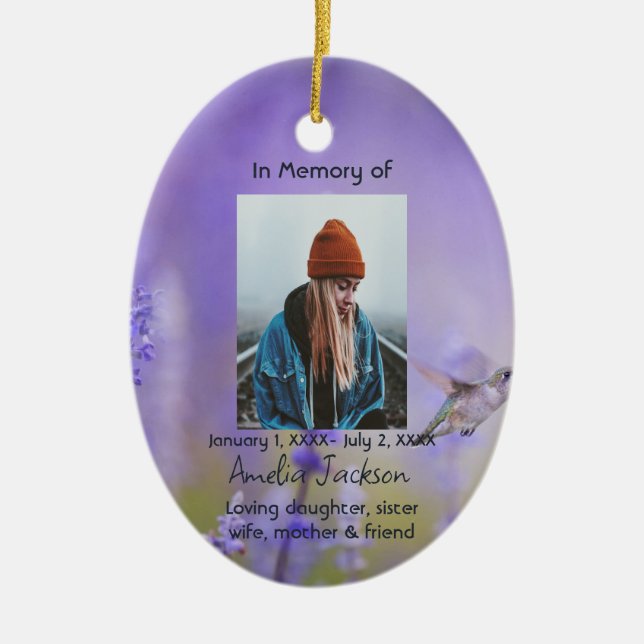 Memorial Prayer Card Hummingbird Lavender Blume Keramik Ornament (Vorne)