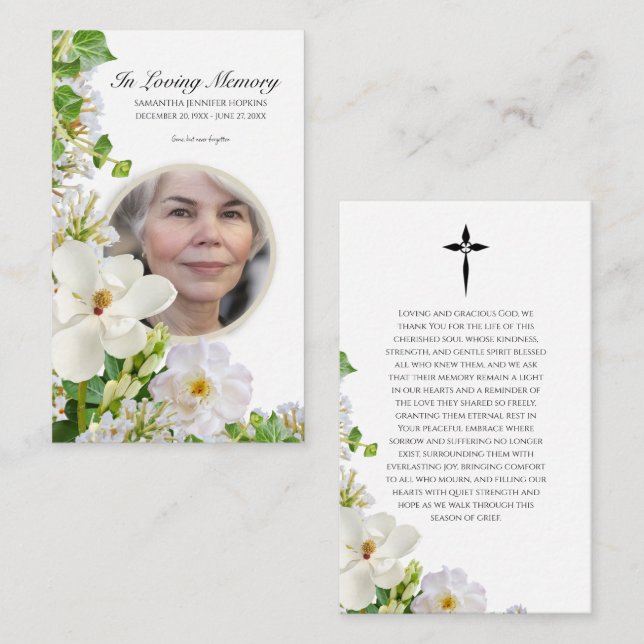 Memorial Prayer Card With White Flowers Visitenkarte (Vorne/Hinten)