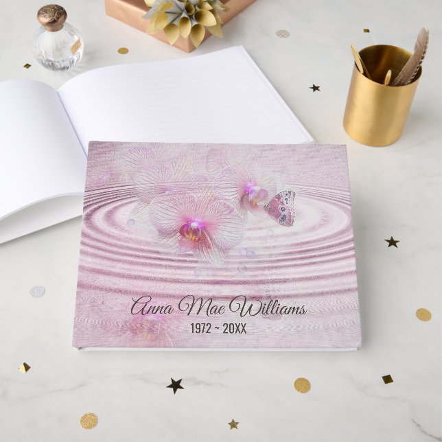 Memorial Service Butterfly on Pink Orchid  Gästebuch (Vorderseite Offen)