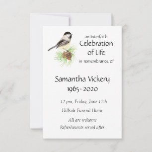 Memorial Service Einladen Wasserfarbe Chickadee Einladung
