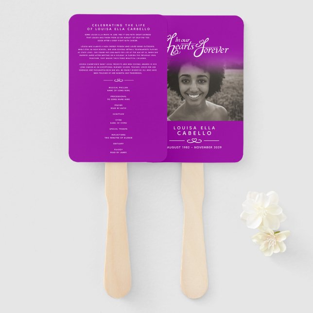 Memorial Service Foto Herz-Lila-Programm-Fans Fächer (Vorne und Hinten)