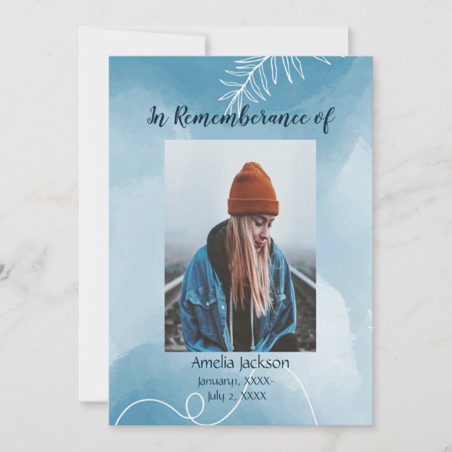 Memorial Service lädt zu blauen botanischen Blätte Einladung (Vorderseite)