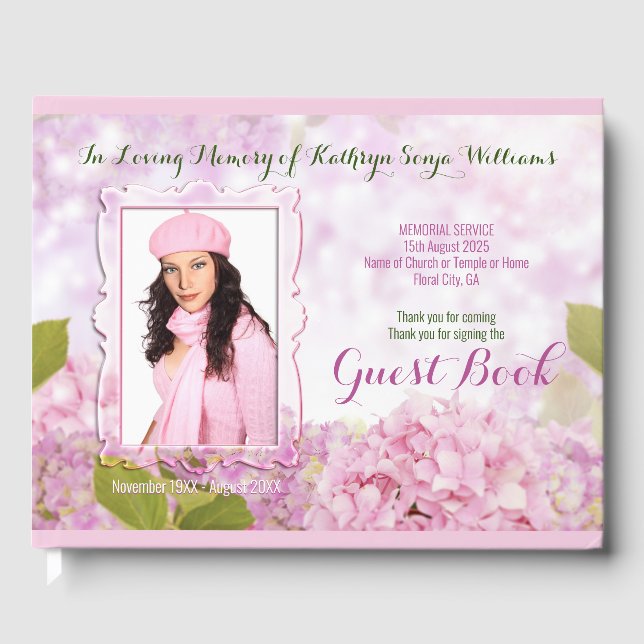 Memorial Service Pink Hydrangea Fügen Sie Ihr Foto Gästebuch (Vorderseite)