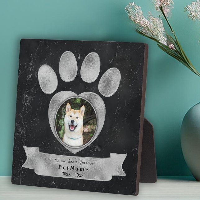Memorial Tribute Imitate Black Marble Silver Paw Fotoplatte (Pet Memorial Tribute Faux Black Marble Silver Paw Plaque)