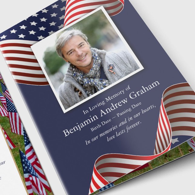 Memorial Veteran Patriotic American Flag Beerdigun Dankeskarte (Sympathy Photo Celebration of Life, In Loving Memory, Forever in our Hearts Funeral thank you cards)