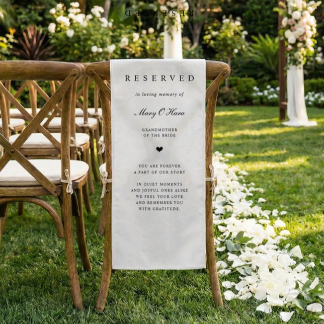 Memorial Wedding Chair Fabric Sign Reserved Banner Kurzer Tischläufer (Memorial fabric chair banner draped over chair, double sided with custom name and message)